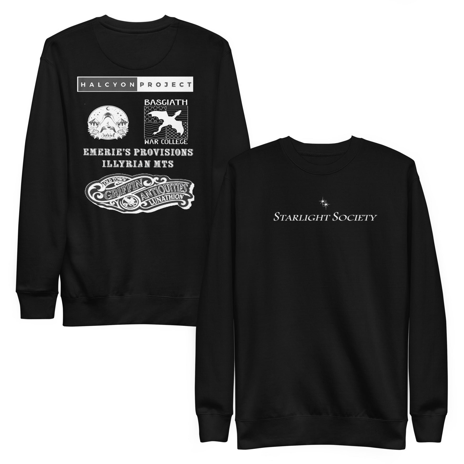 Black sweatshirt with white text and graphics on a white background