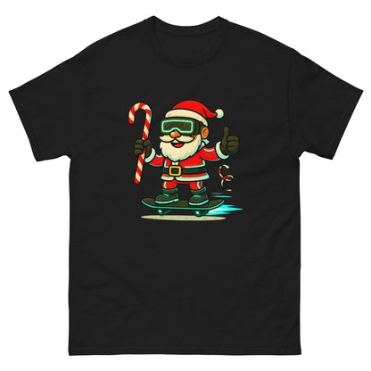 Black t-shirt with a graphic of Santa Claus skateboarding and holding a candy cane.