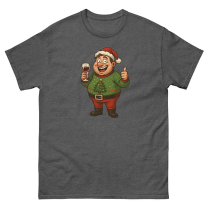 Gray t-shirt with a cartoon character holding a glass of wine and giving a thumbs up on a white background