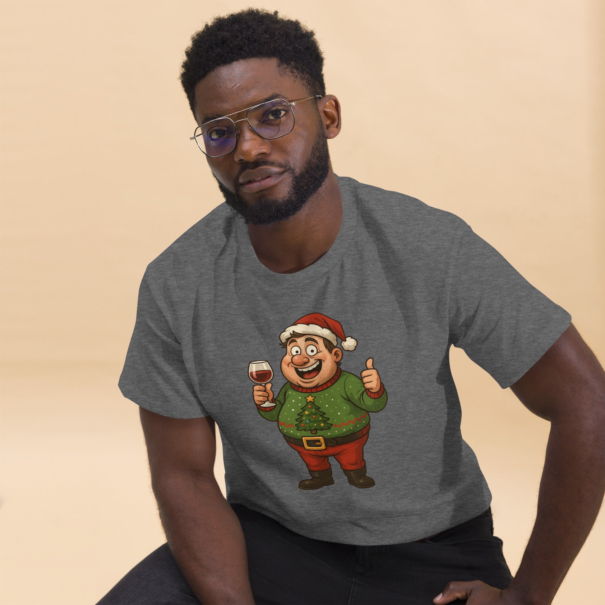 Man wearing a gray t-shirt with a cartoon character design on a beige background