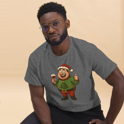Man wearing a gray t-shirt with a cartoon character design on a beige background