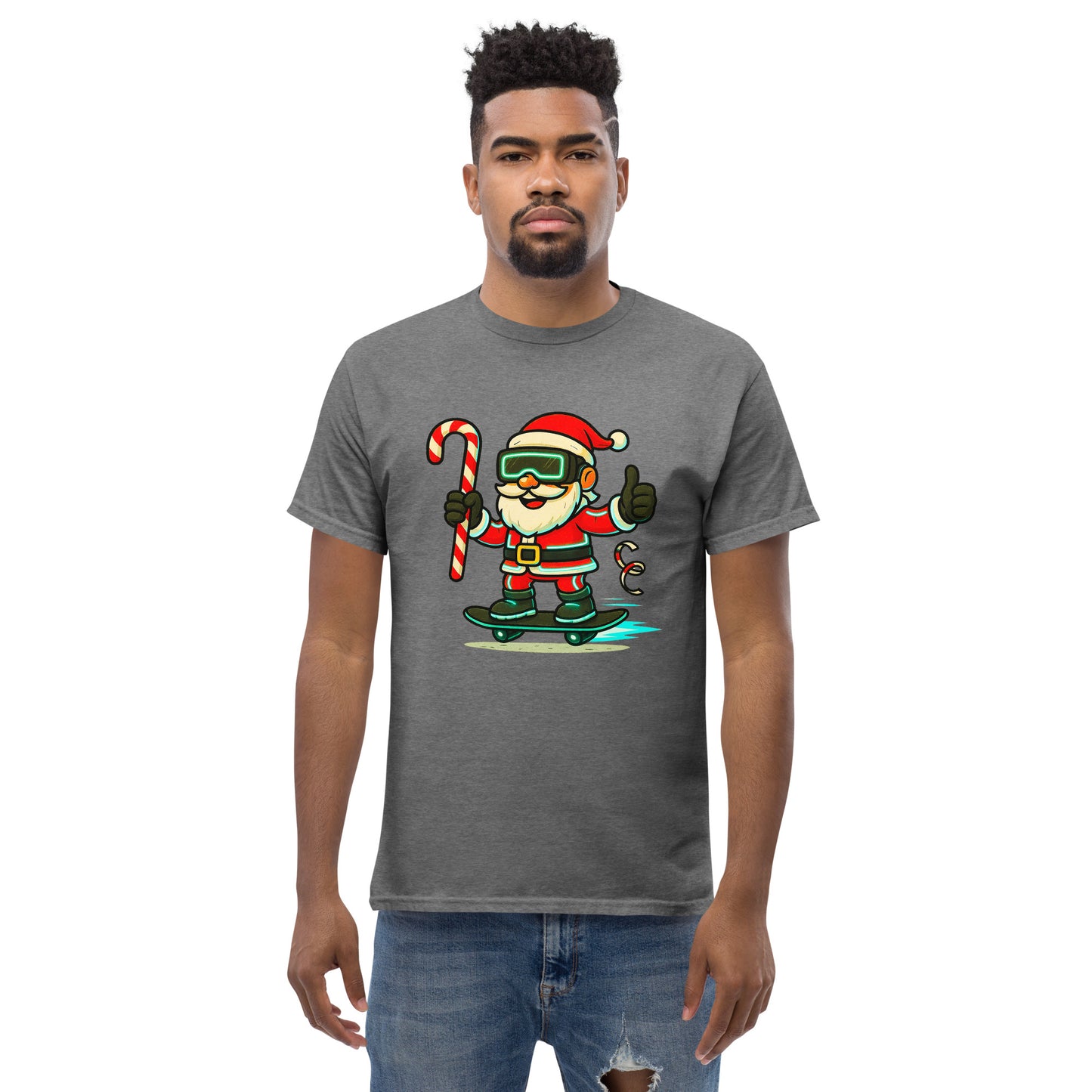 Man wearing a gray t-shirt with a graphic of a Santa Claus skateboarding on a white background