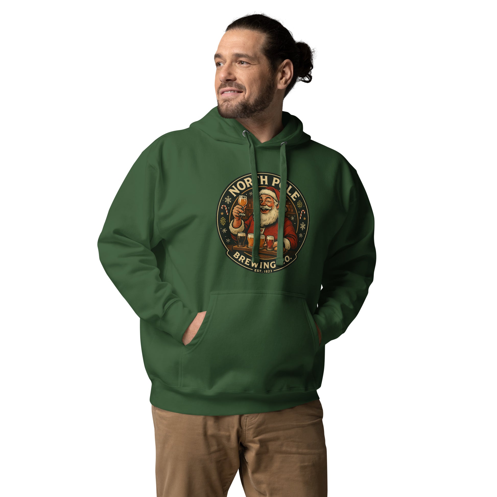 Man wearing a green hoodie with a 'North Pole Brewing' logo on a white background