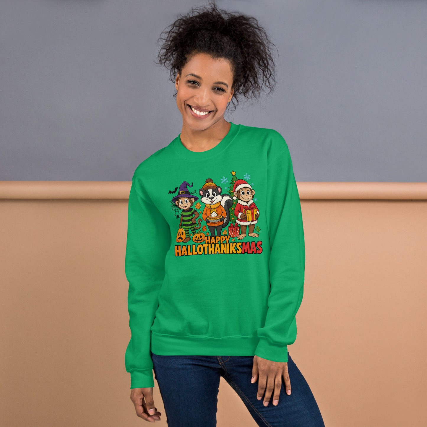 Person wearing a green sweatshirt with 'Happy Hallothanksmas' design against a plain background