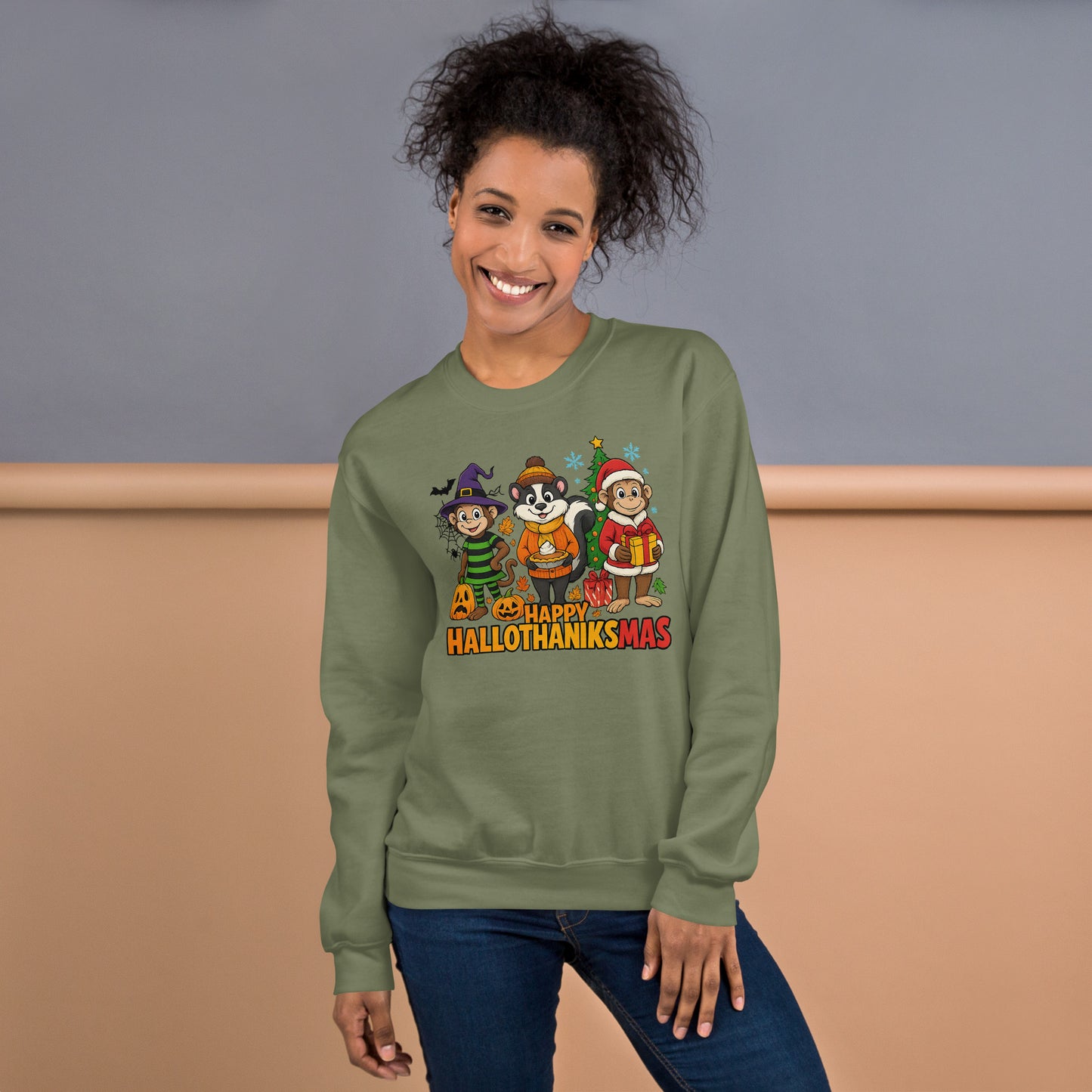 Person wearing a green sweatshirt with 'Happy Hallothanxmas' design against a beige and gray background