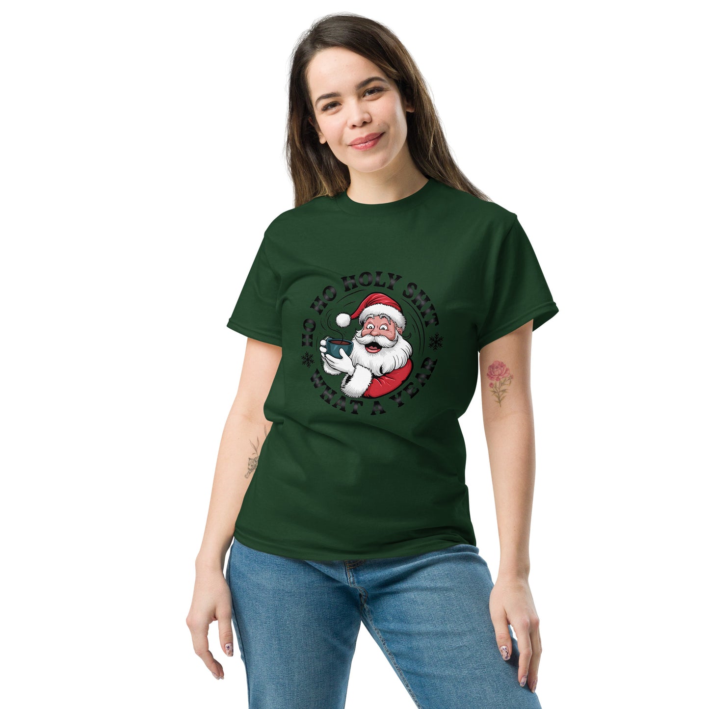 Woman wearing a green t-shirt with a Santa Claus graphic on a white background