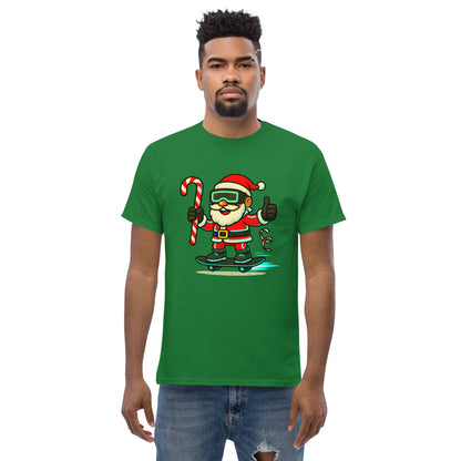 Man wearing a green t-shirt with a cartoon Santa Claus design on a white background
