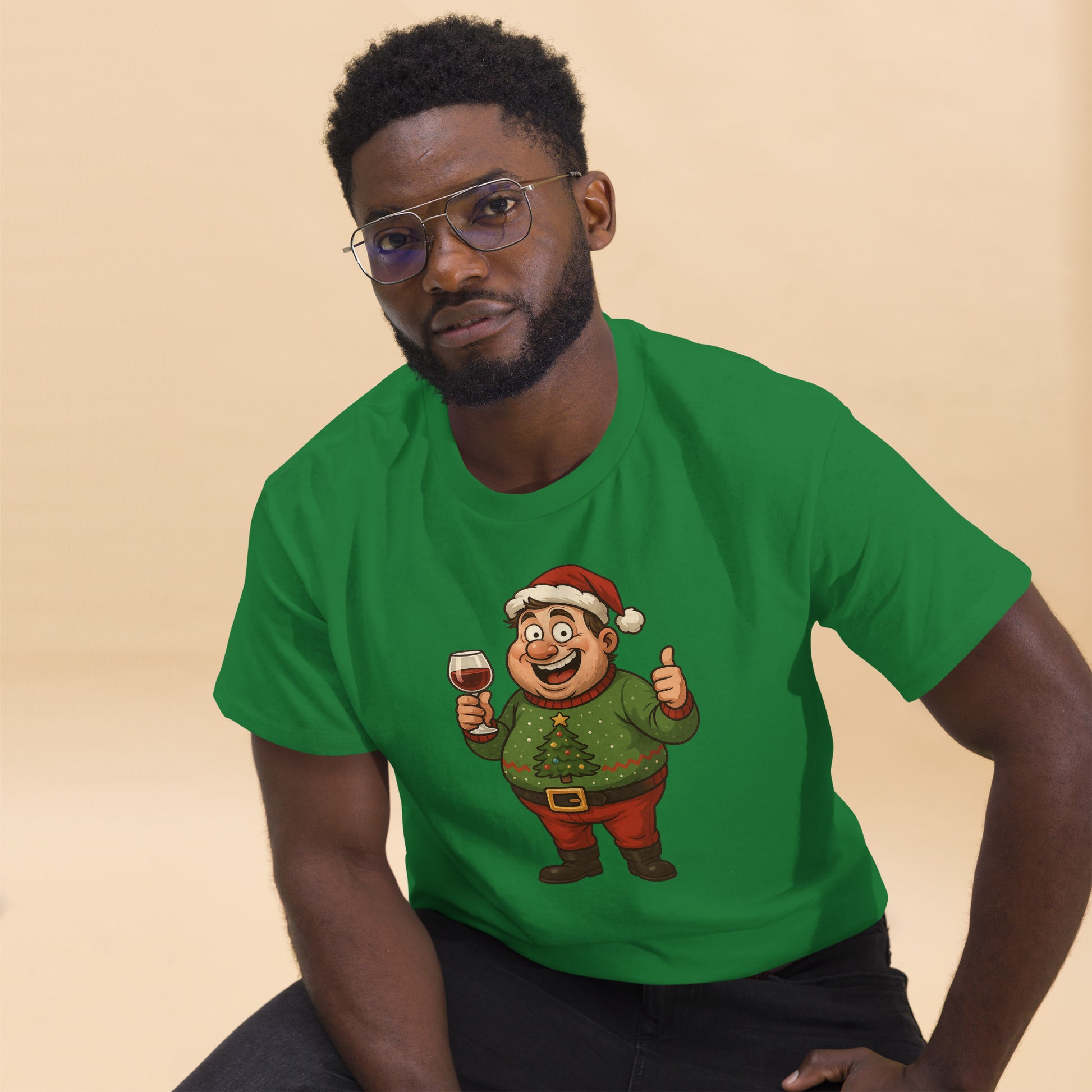 Man wearing a green t-shirt with a cartoon character design on a beige background