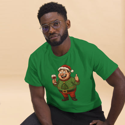 Man wearing a green t-shirt with a cartoon character design on a beige background