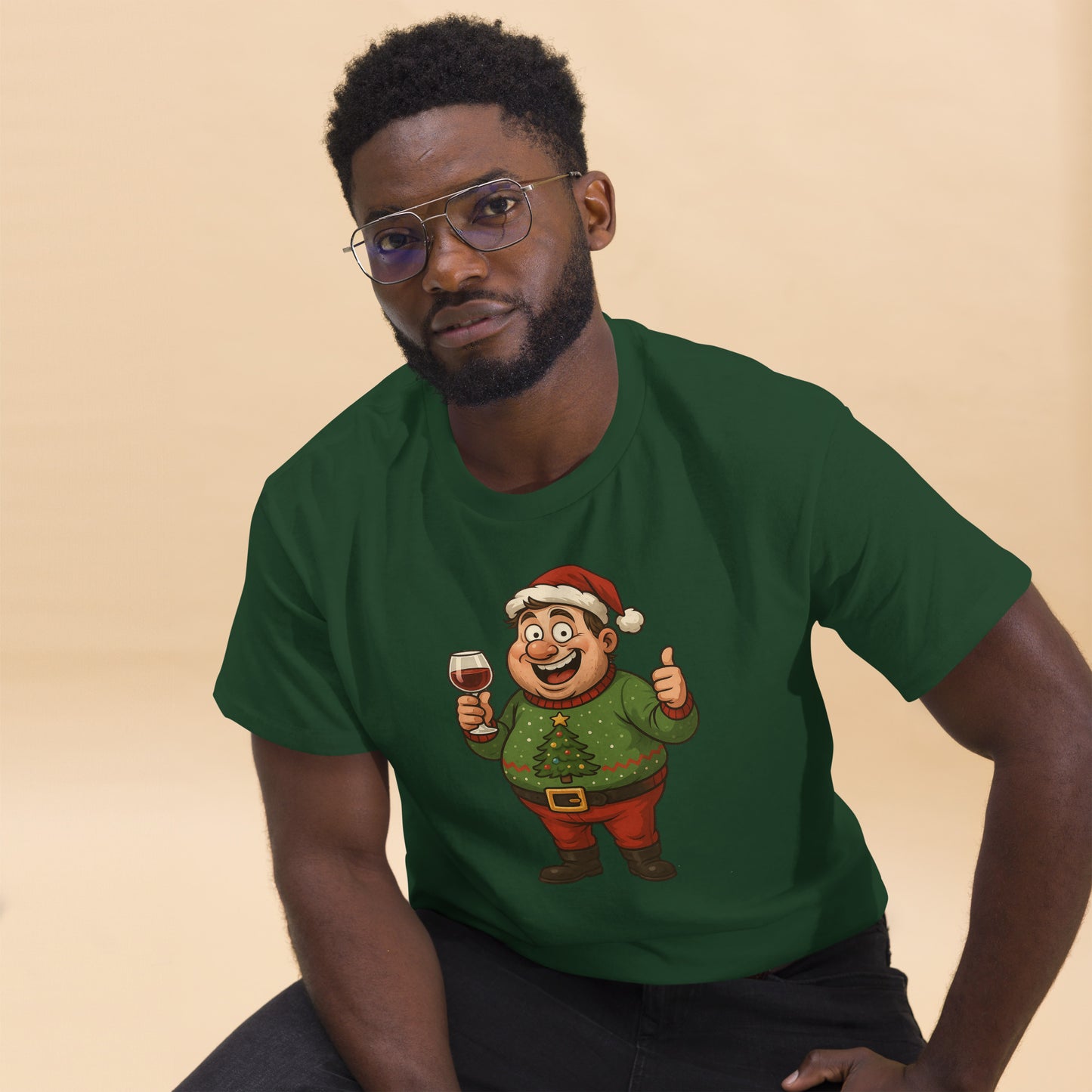 Man wearing a green t-shirt with a cartoon character holding a glass of wine on a beige background