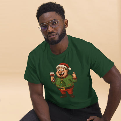 Man wearing a green t-shirt with a cartoon character holding a glass of wine on a beige background