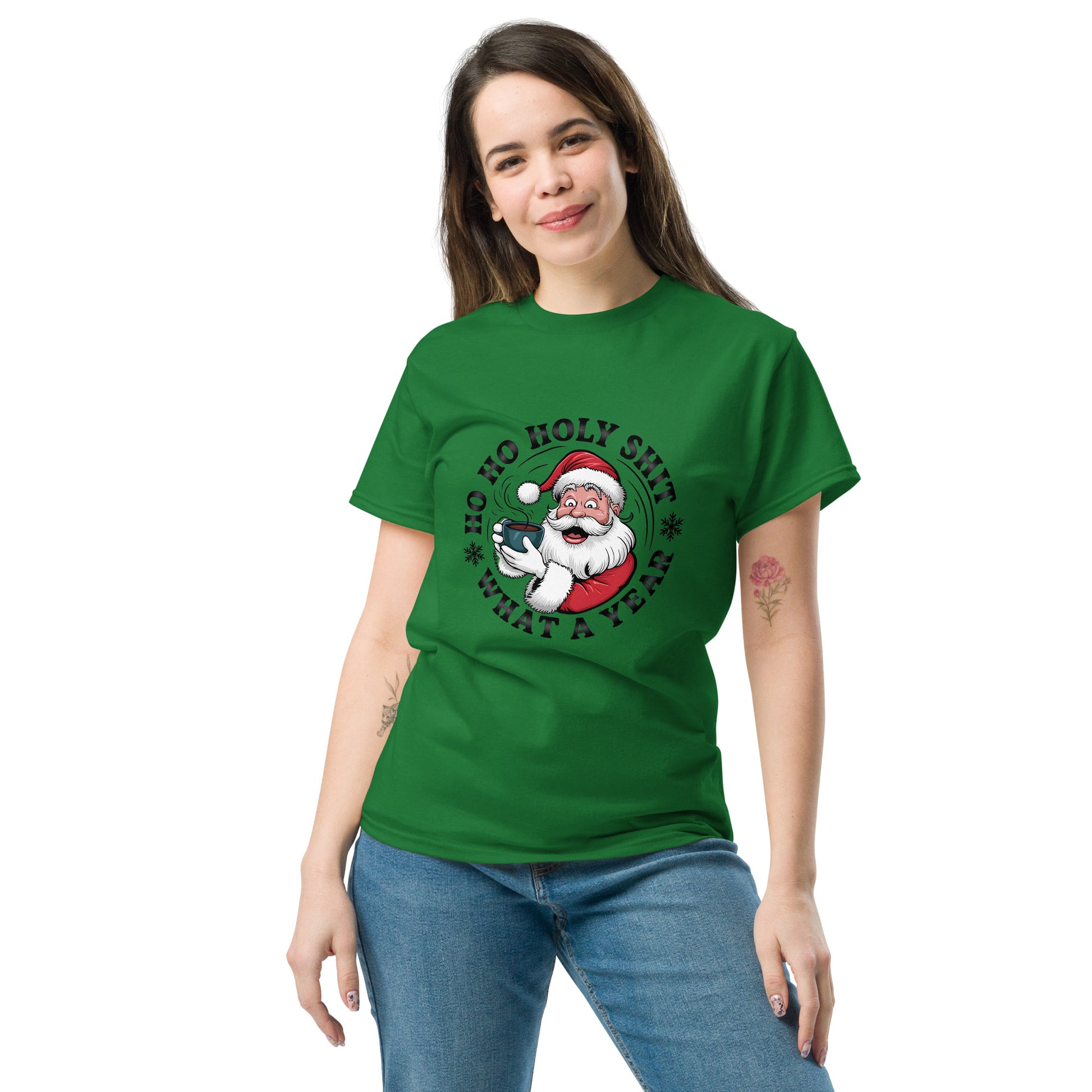 Person wearing a green t-shirt with a graphic design on a white background