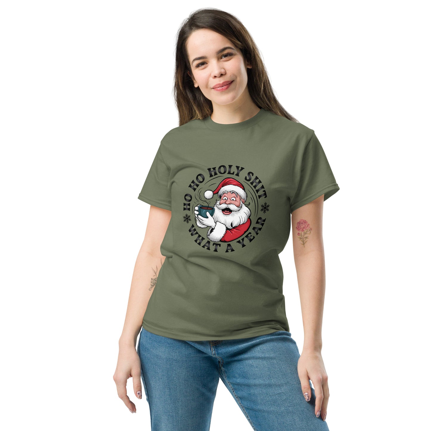 Woman wearing a green t-shirt with a graphic design on a white background