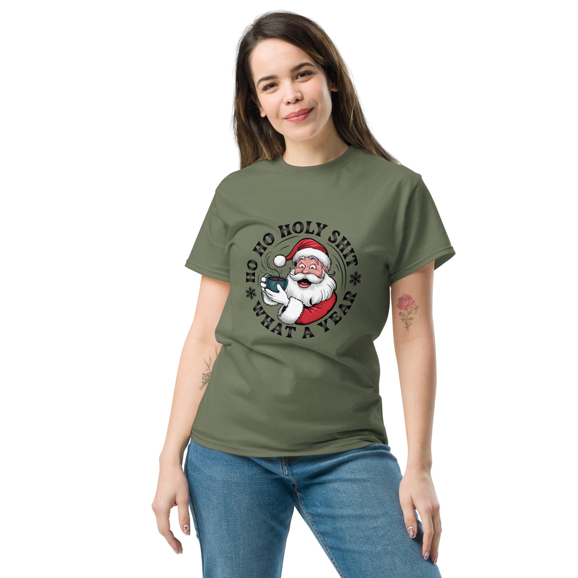 Woman wearing a green t-shirt with a graphic design on a white background