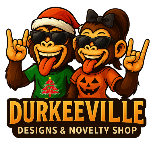 Two monkeys making peace signs with the text 'Durkeeville Designs & Novelty Shop' below them.