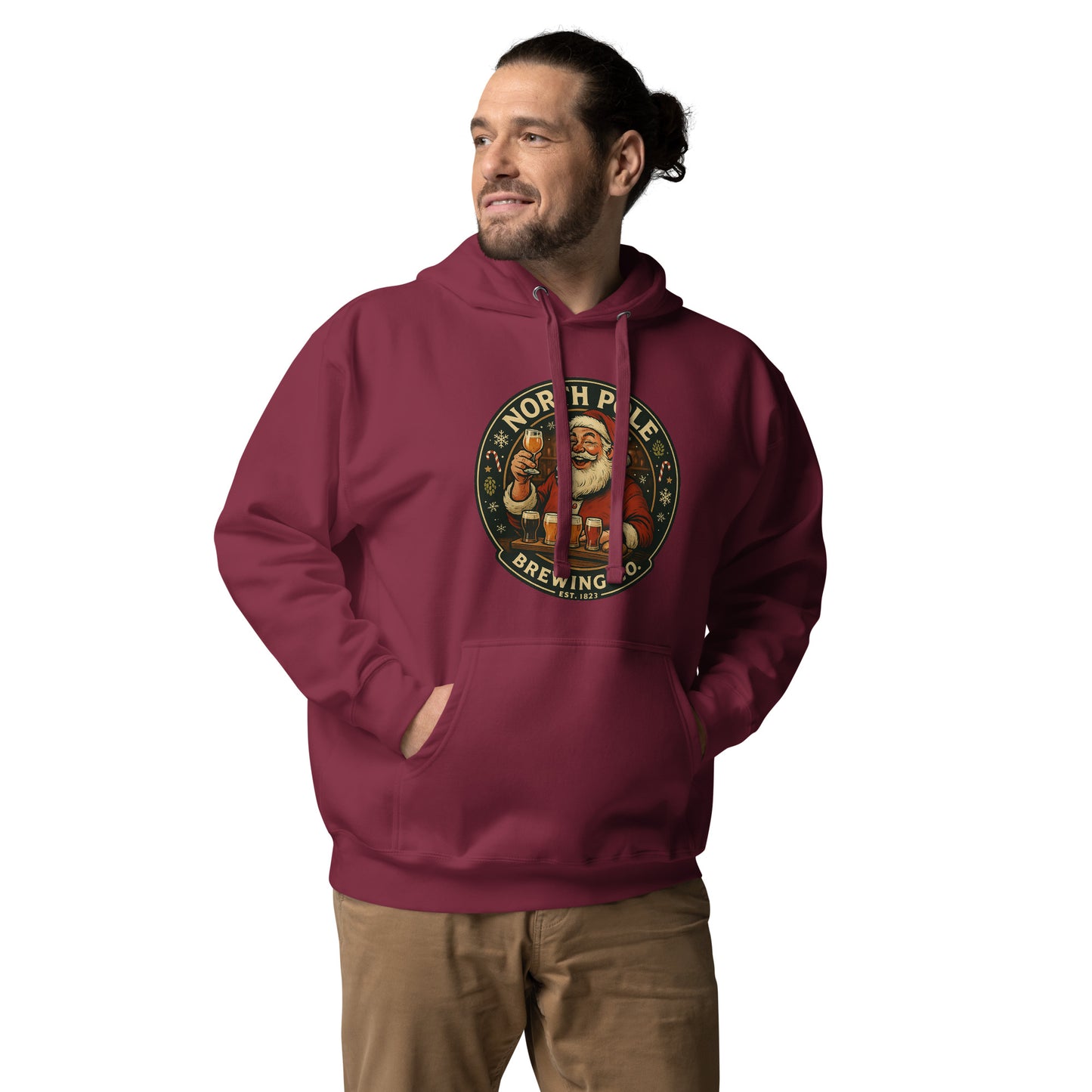 Man wearing a maroon hoodie with a 'North Pole Brewing Co.' logo on a white background