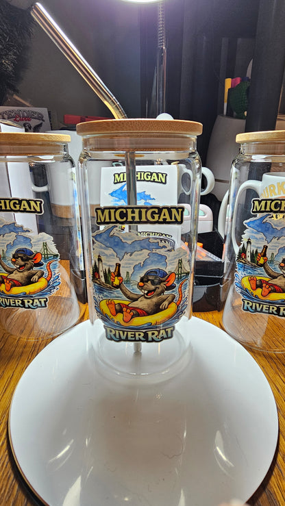 michigan river rat 16oz glass tumbler with metal straw and bamboo lid 

