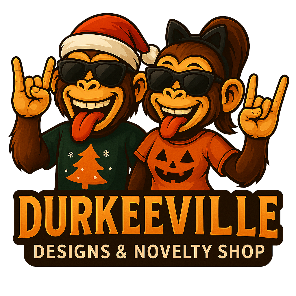 Two cartoon monkeys with sunglasses and a Santa hat, with 'Durkeeville Designs & Novelty Shop' text below.