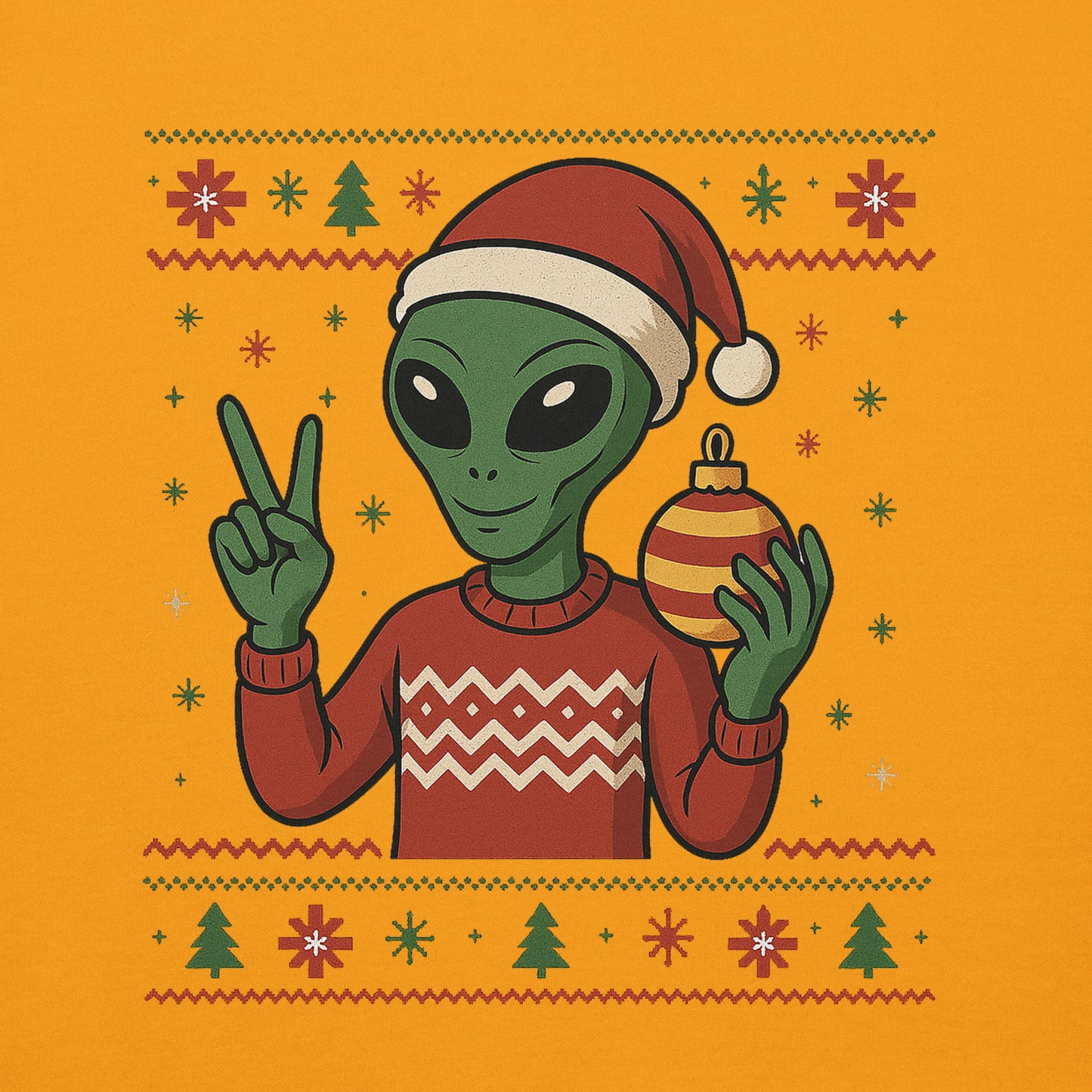 Alien wearing a Santa hat and holding a Christmas ornament on an orange background with festive patterns.