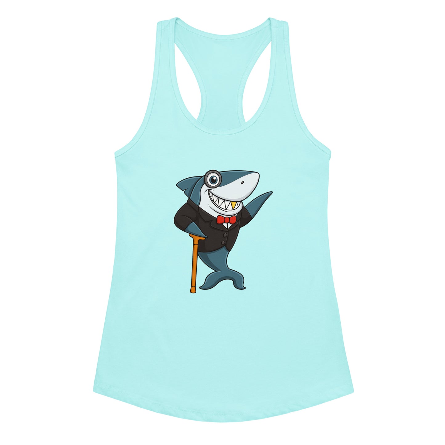 Light blue tank top with a cartoon shark design on a white background