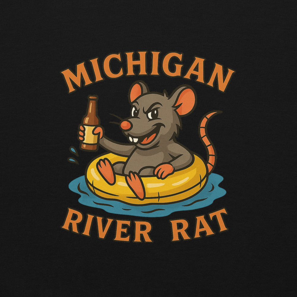 Illustration of a rat on an inner tube with a bottle, text 'Michigan River Rat' on a black background
