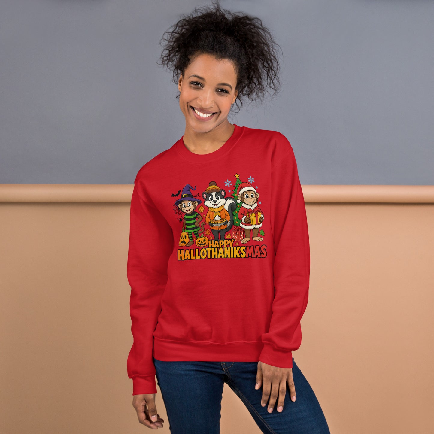 Person wearing a red 'Happy Hallothanksmas' sweater with cartoon characters.