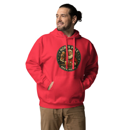 Man wearing a red hoodie with a 'North Pole Brewing Co.' logo on a white background
