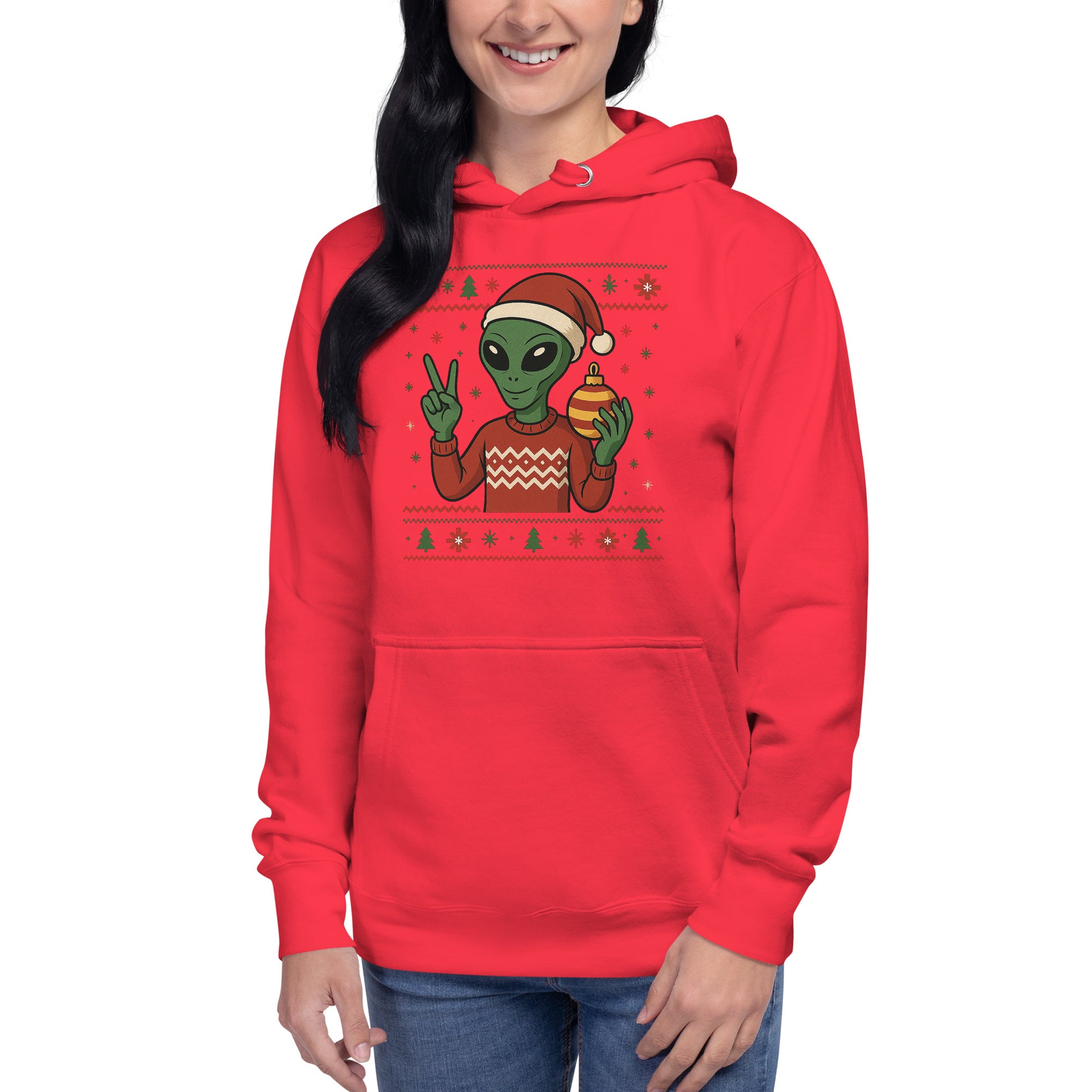 Person wearing a red hoodie with an alien design on a white background