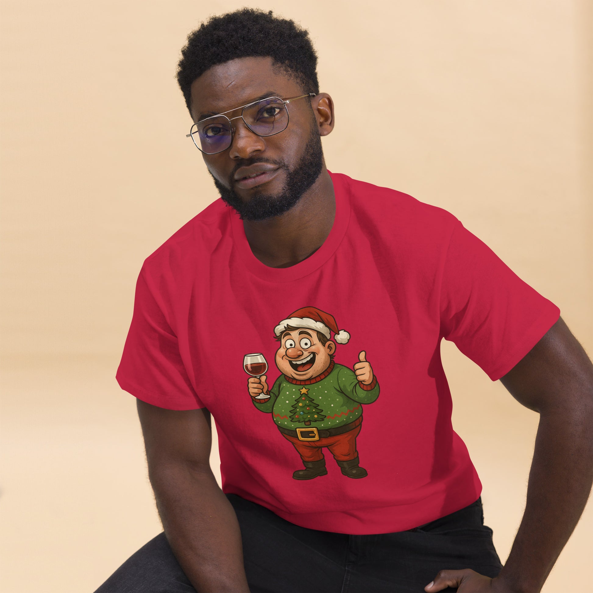 Man wearing a red t-shirt with a cartoon character on a beige background