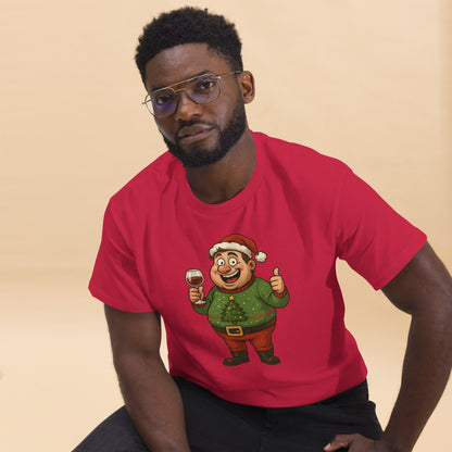 Man wearing a red t-shirt with a cartoon character on a beige background