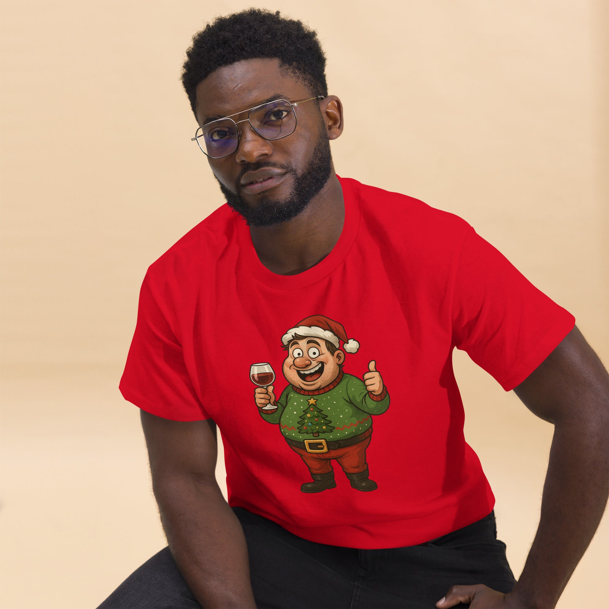 Man wearing a red t-shirt with a cartoon character design on a beige background