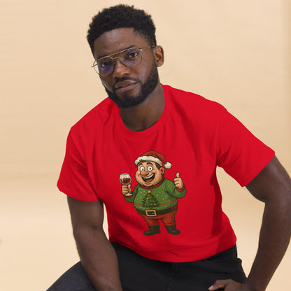 Man wearing a red t-shirt with a cartoon character design on a beige background