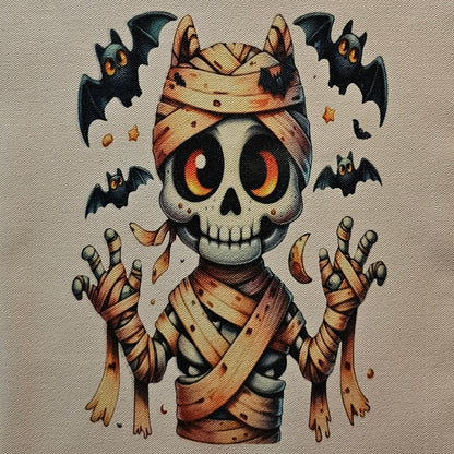 Canvas tote bag with a skull and crossbones design on a white background