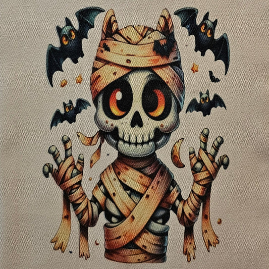 Canvas tote bag with a skull and crossbones design on a white background