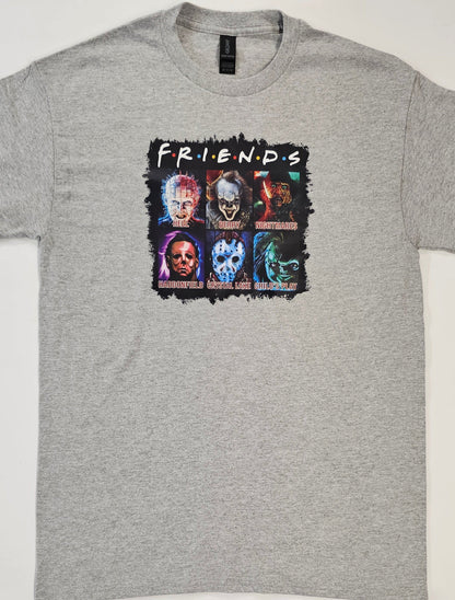 Gray t-shirt with 'Friends' graphic design featuring character faces.