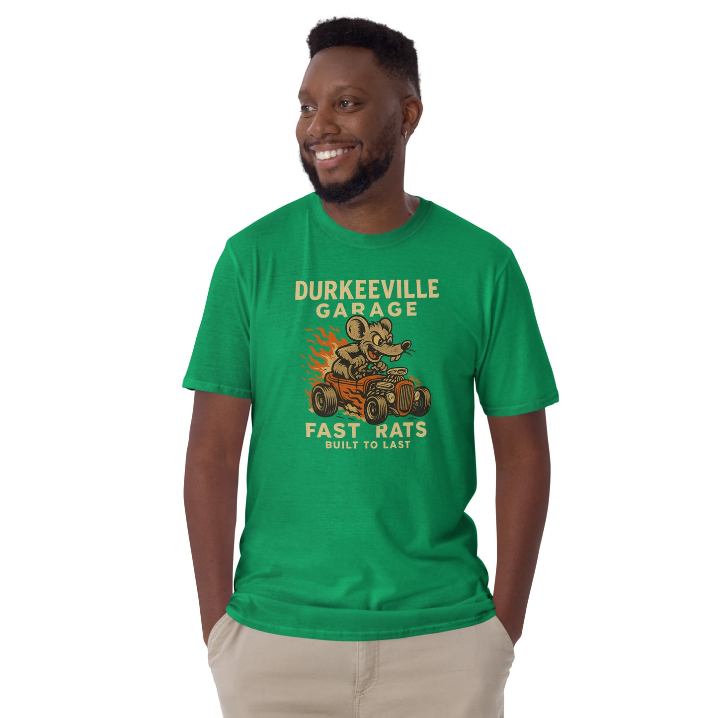 Man wearing a green t-shirt with a graphic design and text on a white background