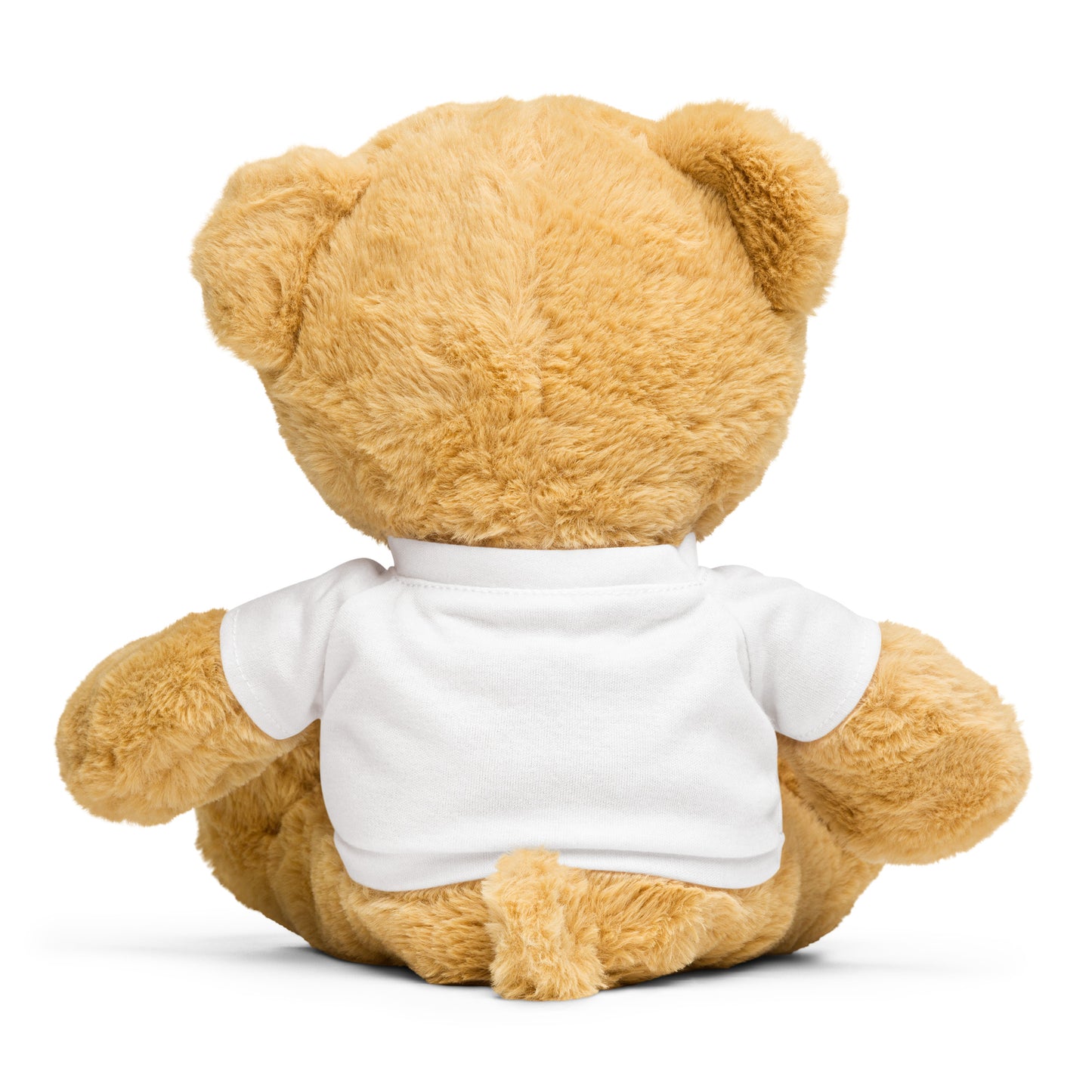 Brown teddy bear wearing a white shirt on a white background