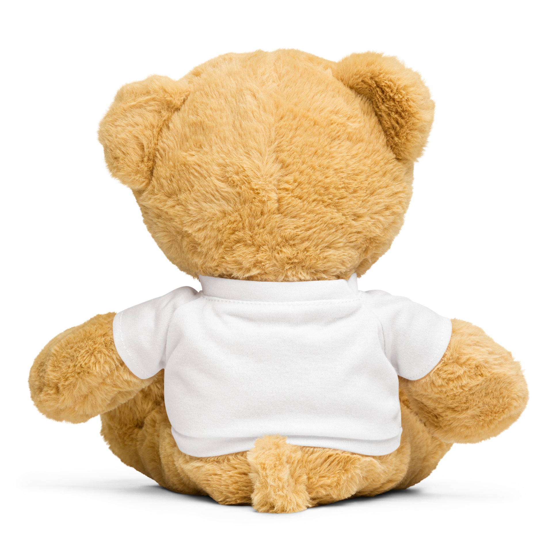 Brown teddy bear wearing a white shirt on a white background