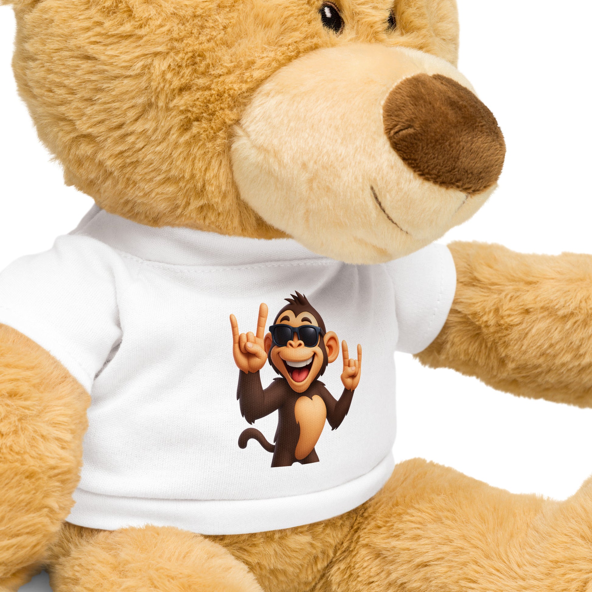 Teddy bear wearing a white t-shirt with a monkey graphic