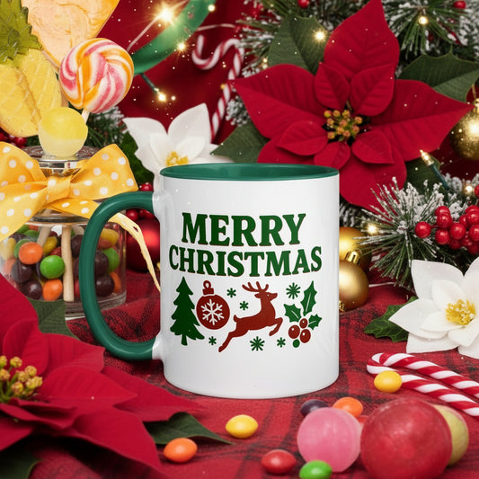 Mug with 'Merry Christmas' design surrounded by colorful candies and decorative items.