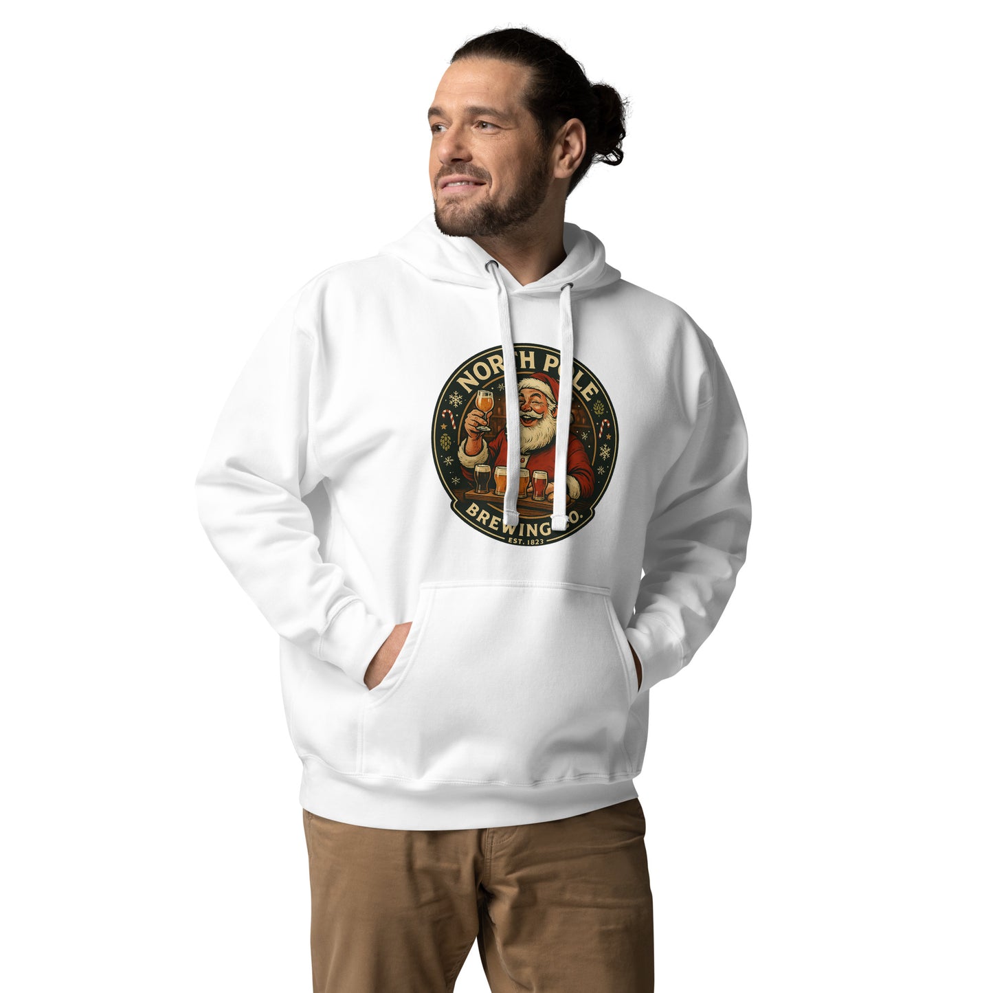 Man wearing a white hoodie with a 'North Pole Brewing' logo on a white background