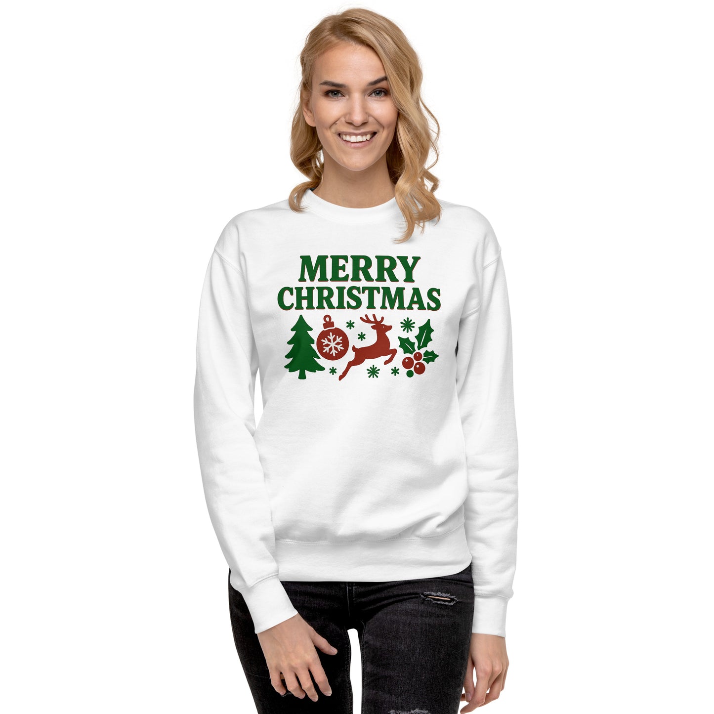 Woman wearing a white sweatshirt with Christmas-themed design on a white background