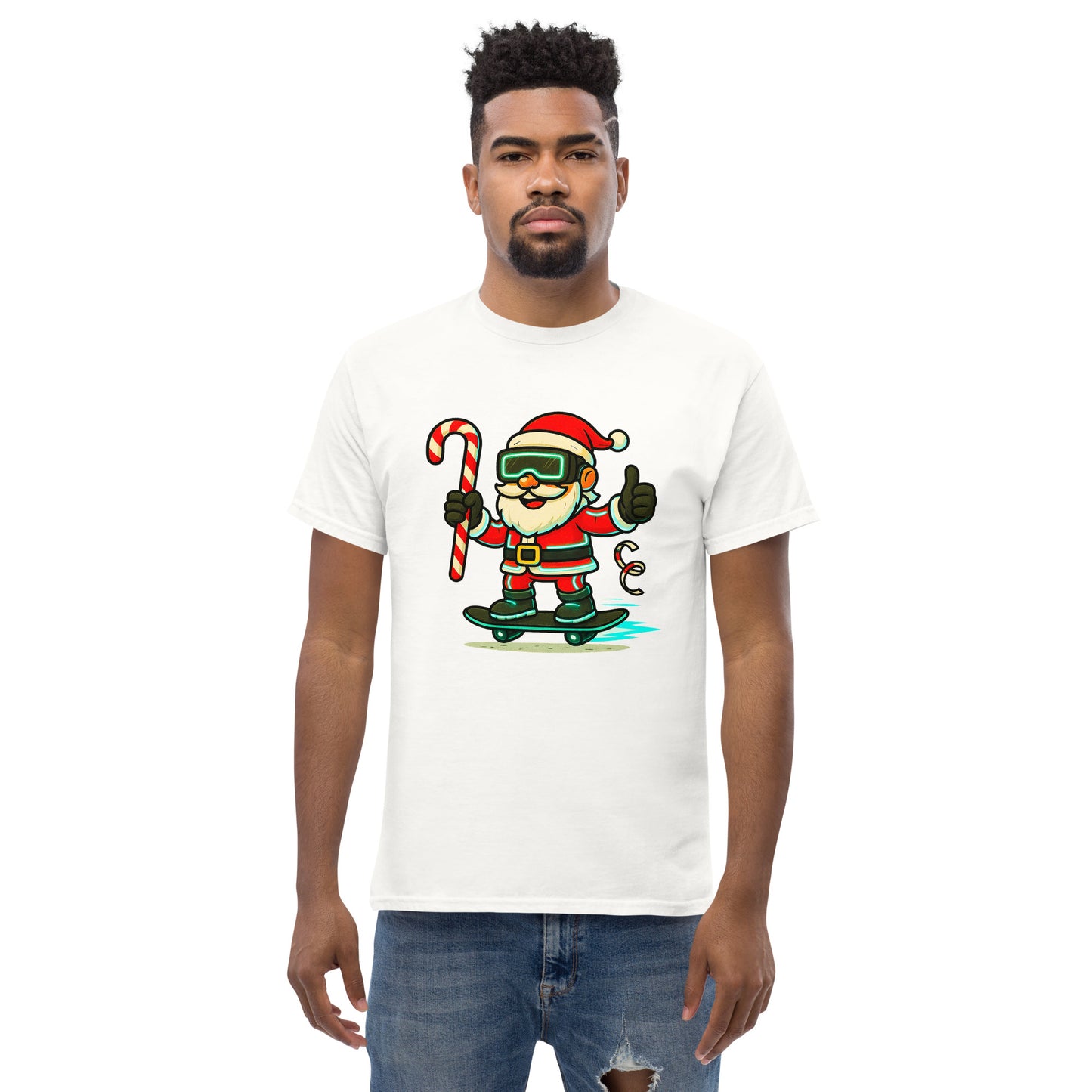 Man wearing a white t-shirt with a graphic of Santa Claus skateboarding and holding a candy cane.