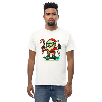 Man wearing a white t-shirt with a graphic of Santa Claus skateboarding and holding a candy cane.