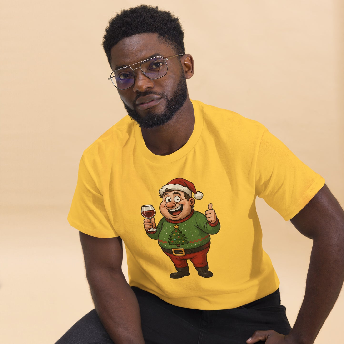 Person wearing a yellow t-shirt with a cartoon character design on a beige background