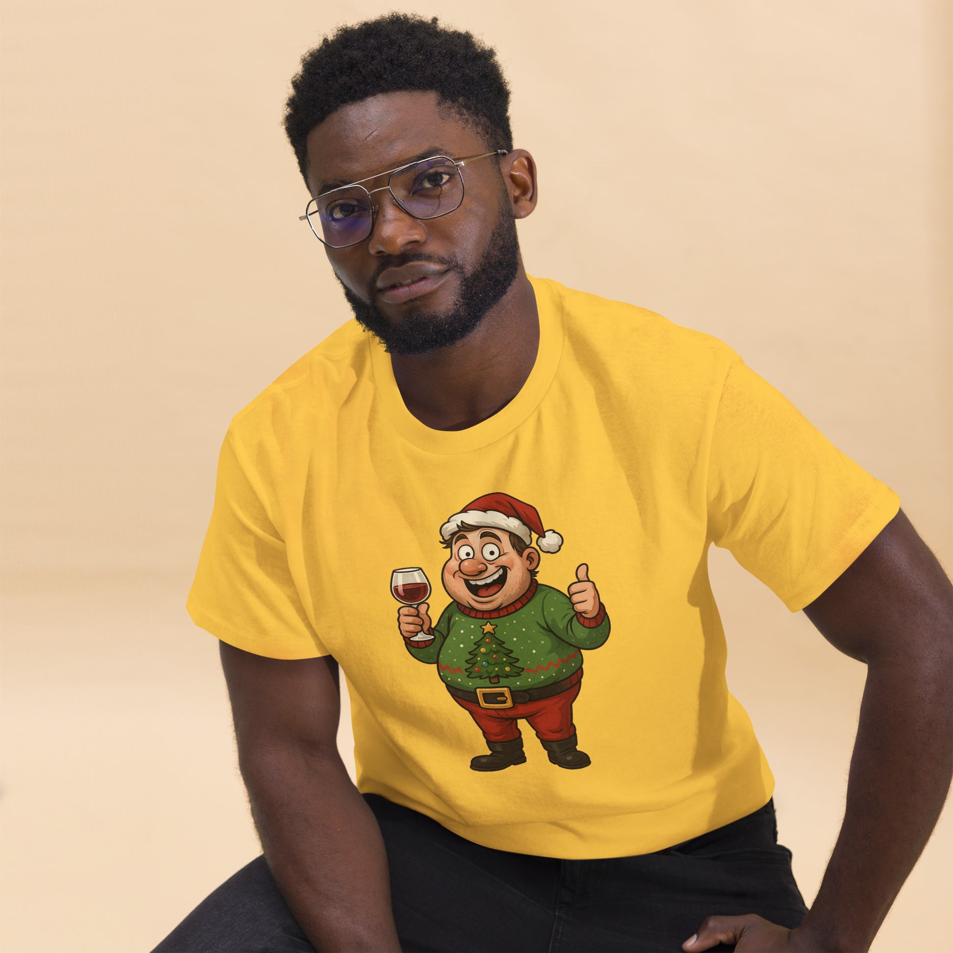 Person wearing a yellow t-shirt with a cartoon character design on a beige background
