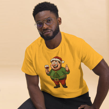 Man wearing a yellow t-shirt with a cartoon character design on a beige background